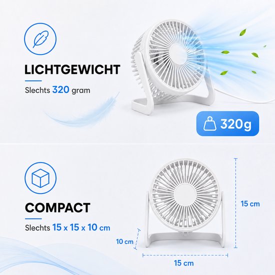 Bureau Ventilator - Mini Bureauventilator - Zuinige Tafelventilator - Kleine USB Ventilator - Kantelbare Statiefventilator - Compacte USB-C Tafelventilator - Fan Geluidloos - Bureau Airco - Desk Fan - Deskventilator - Wit - Silvergear