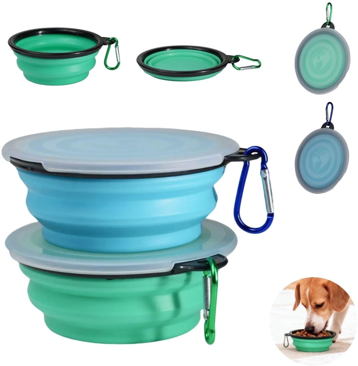 Dailygoods - 2 stuks opvouwbare hondenbakken, karabijnhaak, lekvrije reisbakken van siliconen voor honden en katten, ideaal voor water en voer (450 ml, lichtgroen en lichtblauw)