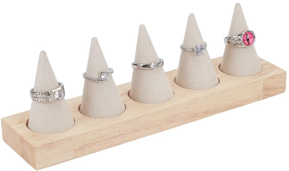 Dailygoods- Ringhouder Kegelvorm - Sieradenhouder - Sieradenstandaard voor kettingen - 5 Kegels - Duurzaam Hout - Stevige Basis