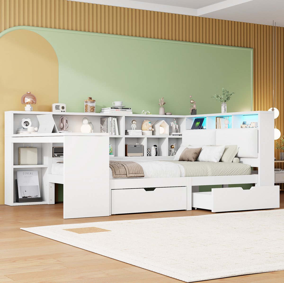 MEUNIQ L-vormig platformbed 140x200 met bureau, open boekenkast, lades, gestoffeerd hoofdbord en LED-verlichting, bedframe voor slaapkamer of studio, wit