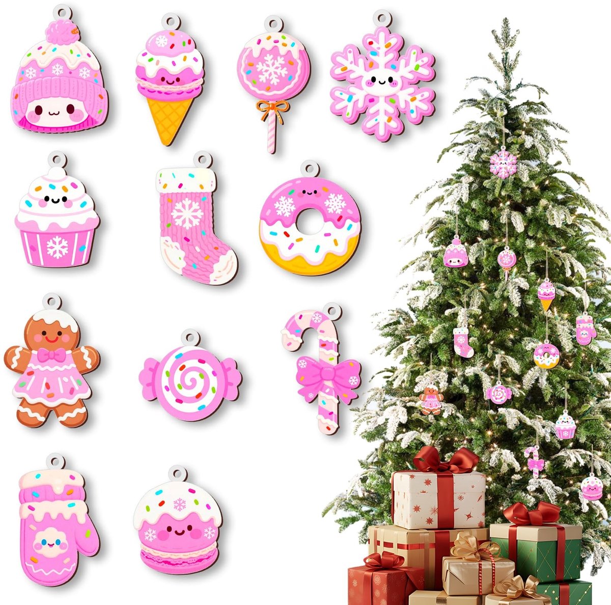 Dailygoods- Kerstboomversieringen 12 stuks - Mini-kerstboomversieringen - Snoepmotief - Roze kerstversiering - Gebruiksvriendelijk - Houten materiaal