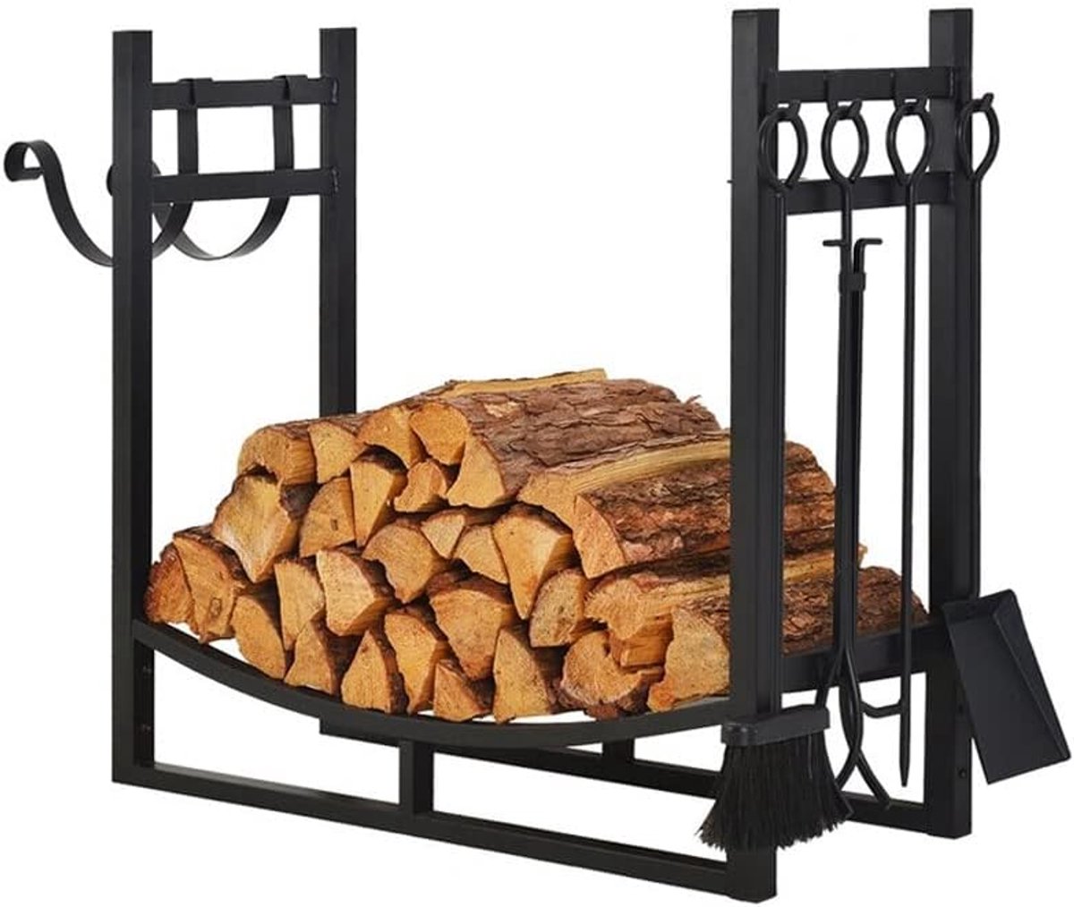 Brandhoutrek - Haardhout opslag - Haardhout bewaren - Stevig metalen frame - 83cm x 33cm x 76cm - Zwart
