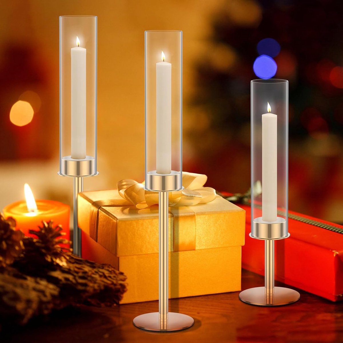 Kandelaar Set - Kaarsenhouder Glas - Decoratief Gebruik - Met Glazen Deksel - 3 Hoogtes - Goud
