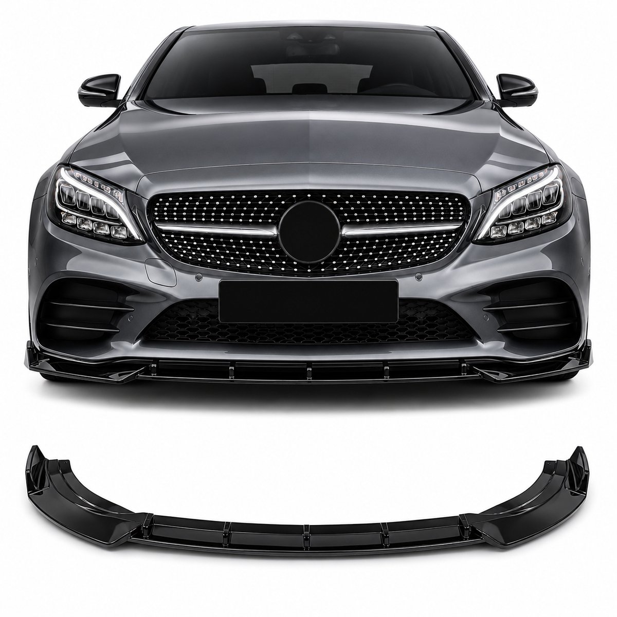 Front Lip Spoiler Geschikt voor Mercedes-Benz C-Klasse W205 AMG Line Facelift 2018-2021 – Glans Zwart – 3-Delig