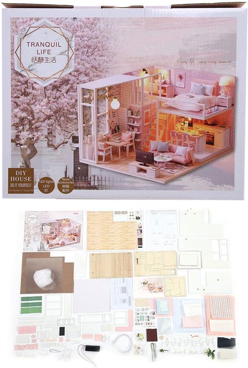 Miniatuur Poppenhuis - Doe-het-zelf Kit - Creatief Hobby - Met LED Licht - 30 x 24 x 7 cm