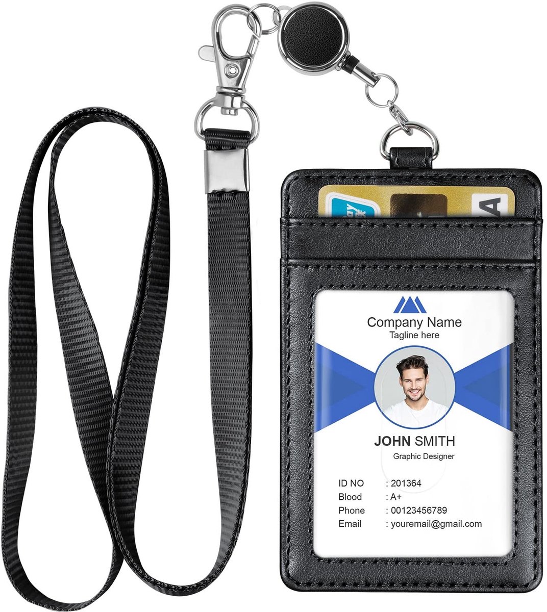 Dailygoods - OFFCUP PU lederen badgehouder, ID-kaarthouder, creditcardportemonnee met nylon sleutelkoord en ritsvak, 1 doorzichtig ID-venster en 3 kaartsleuven voor kantoor, school, creditcard, rijbewijs (zwart)