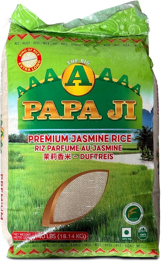 Sachet PAPA JI riz jasmin premium, Extra Long Grain, en vert avec une impression de rizière.