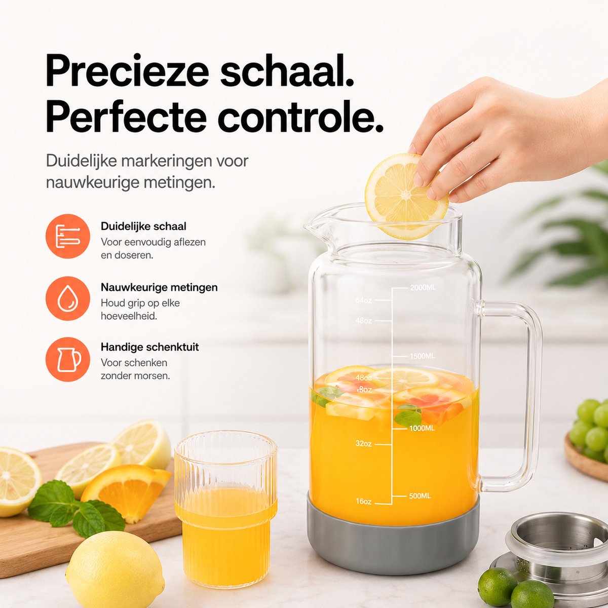 BOTC Karaf van glas - 2L - IJstheekan - Antislip - Siliconen bodem en nauwkeurige Schaalverdeling - voor Koelkast - Grijs — cadeau in Koken & Dineren - foto 5