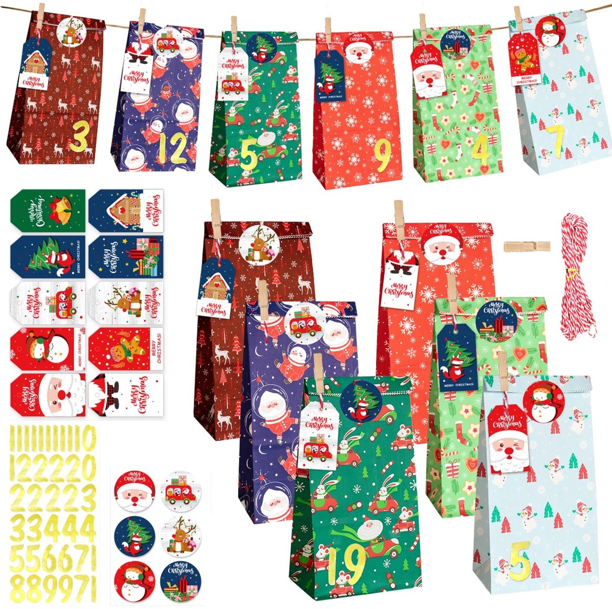 Dailygoods - 24 stuks gemengde kleuren kerst geschenkzakken voor adventskalender