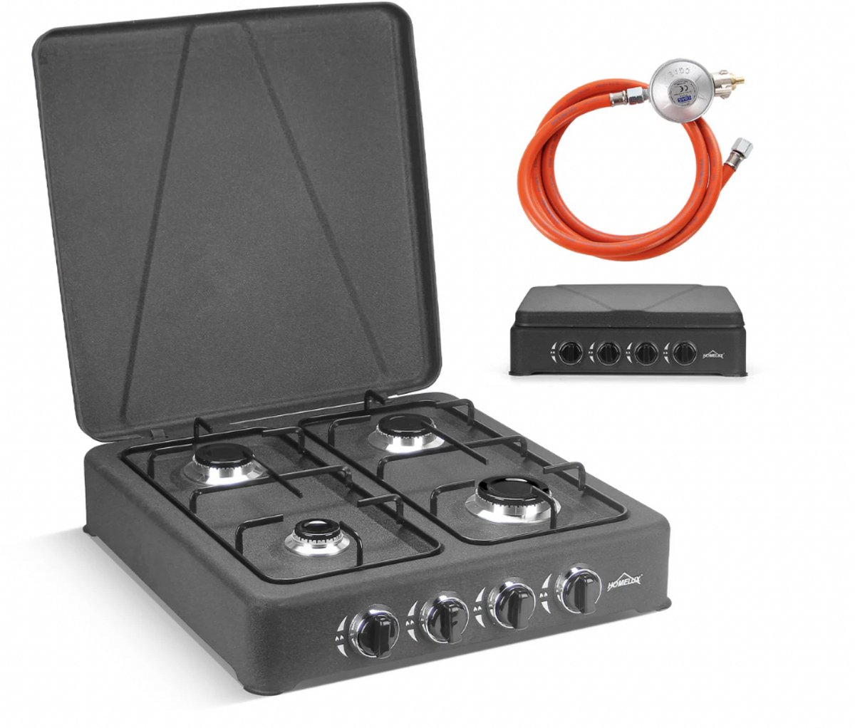 HOMELUX 6,2 kW gasfornuis - 4 verschillende branders - Campingkookplaat met deksel - Met slang en 50mbar drukregelaar - Gasfornuis voor buiten - Mat zwart