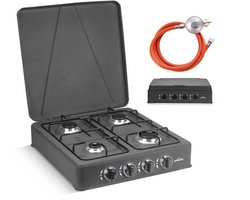 HOMELUX 6,2 kW gasfornuis - 4 verschillende branders - Campingkookplaat met deksel - Met slang en 50mbar drukregelaar - Gasfornuis voor buiten - Mat zwart
