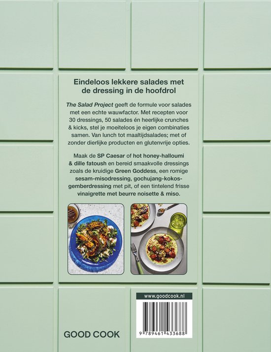 Achterkant van het boek 'The Salad Project' met twee saladefoto's, tekst en barcode.