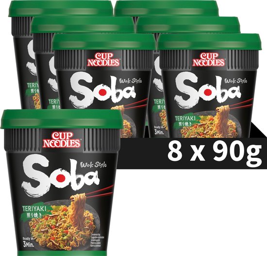Een verpakking van 8 bekers Cup Noodles Soba Teriyaki, met een beker op de voorgrond.