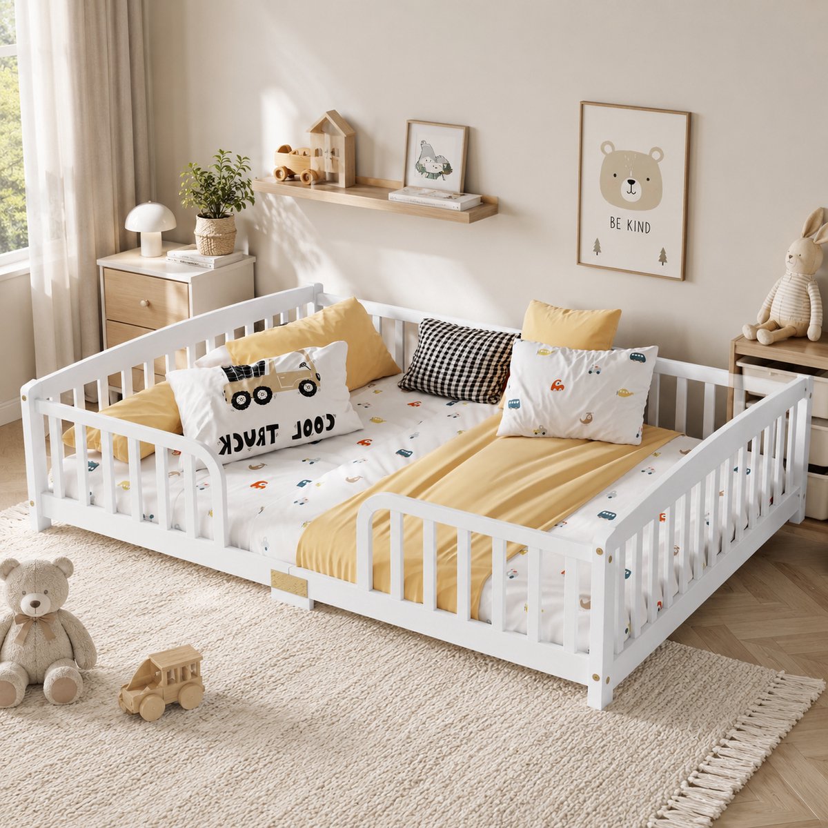Kinderbed 140x200 cm - Eenpersoonsbed - Vloerbed - Houten frame - Met veiligheidsreling - Hoofdingang - Veilig en comfortabel - Creëer een Veilige & Stijlvolle Slaapomgeving - Wit