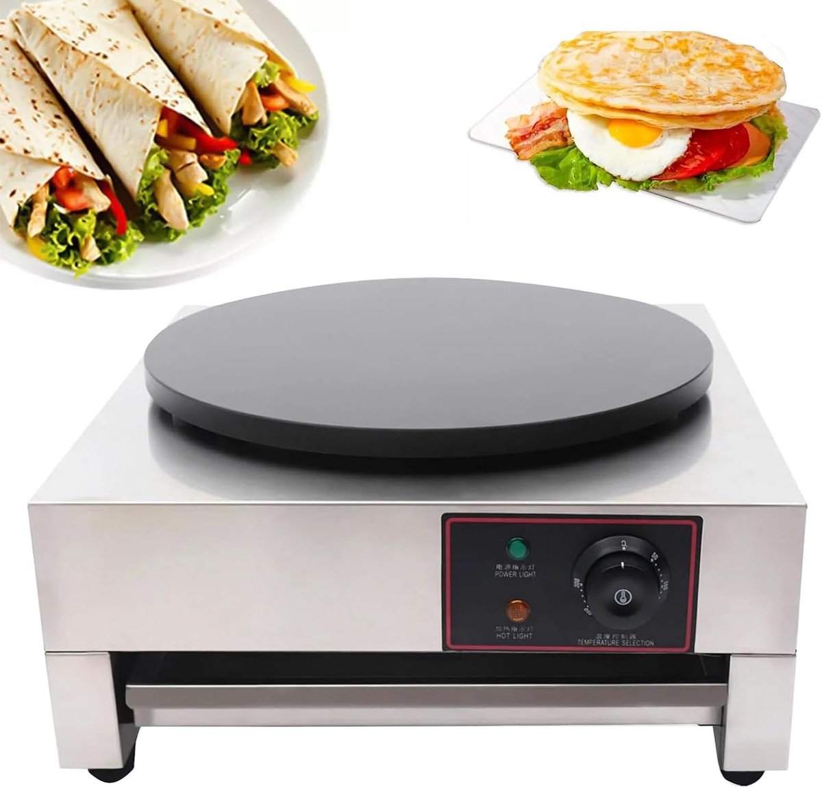 Elektrische Pannenkoekenpan - Pannenkoekenmachine Crêpe - Ontbijt Maken - Antiaanbak Gietijzer - 40 cm Diameter - Zilver