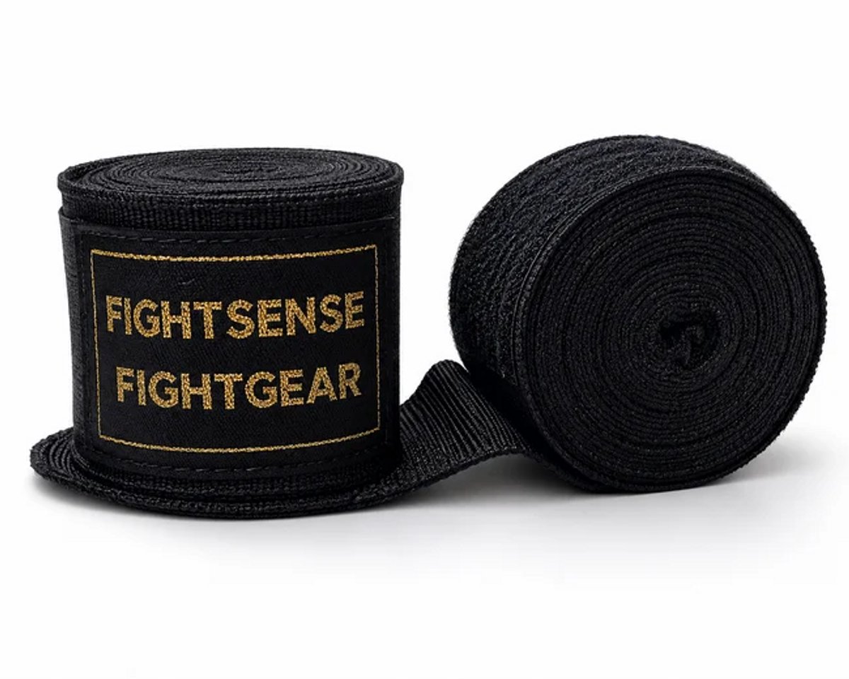 Fightsense Boksbandage 500 cm – Handwraps voor Boksen, Kickboksen, Muay Thai & MMA – Zwart/Goud