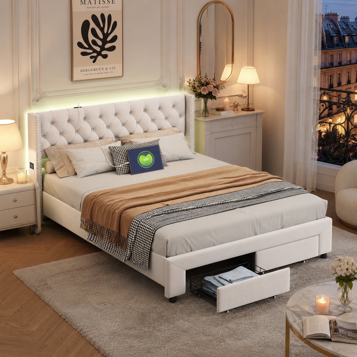 Tweepersoonsbed 140x190 cm met lattenbodem, 2-persoonsbed met RGB-ledverlichting en USB-aansluiting, gestoffeerd met gecapitonneerd hoofdbord met 2 zijvakken, 2 opberglades, fluweel Beige