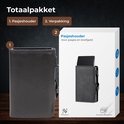 Zwarte pasjeshouder met een box en het Nuvance logo. De box toont een zwarte pasjeshouder met 6 kaarten.