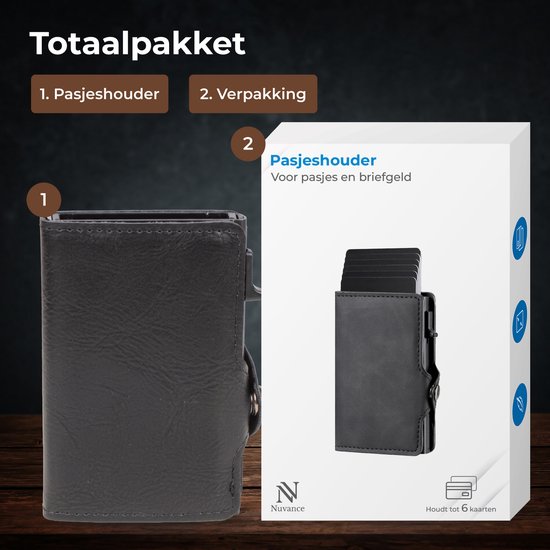 Zwarte pasjeshouder met een box en het Nuvance logo. De box toont een zwarte pasjeshouder met 6 kaarten.