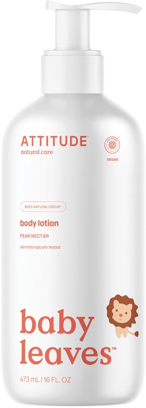 ATTITUDE body lotion, pear nectar, met een leeuwenkopje en de tekst 'baby leaves'.