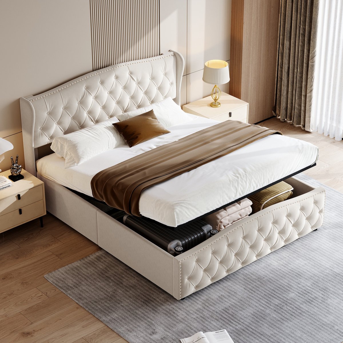 Fluwelen Opbergbed 140x190 Beige – Gestoffeerd Wingback Bed met Lift Opbergruimte – Tweepersoonsbed met Knopen & Nagelrand – Lattenbodem