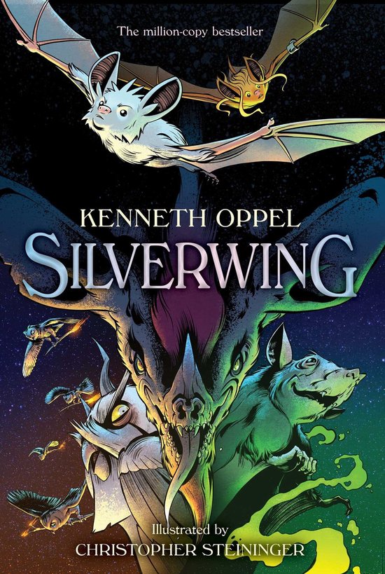 De cover van het boek 'Silverwing' van Kenneth Oppel, met vleermuizen en andere wezens in de nachtelijke hemel.