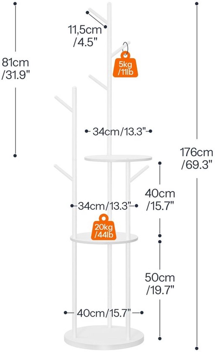 Kapstok met 6 haken, vrijstaand wit - MTTProducts