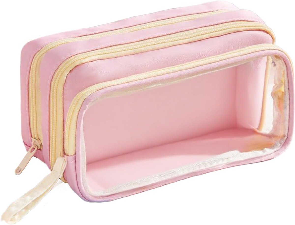 Pennenetui Organizer - Schrijfmateriaal Tas - Spullen Opbergen - Transparant Laagontwerp - 23 x 13 x 4 cm - Roze