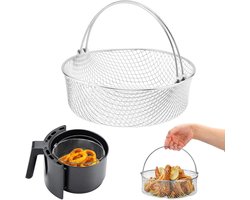 Airfryer Mandje - Frituurmandje - Airfryer-rek - RVS - Vervangende Airfryermand met handvat - Geschikt voor Multicooker 6QT en 8QT - Friteuse Mand 8 Inch - Vervangend Gaasmandje met Handvaten - Zilver