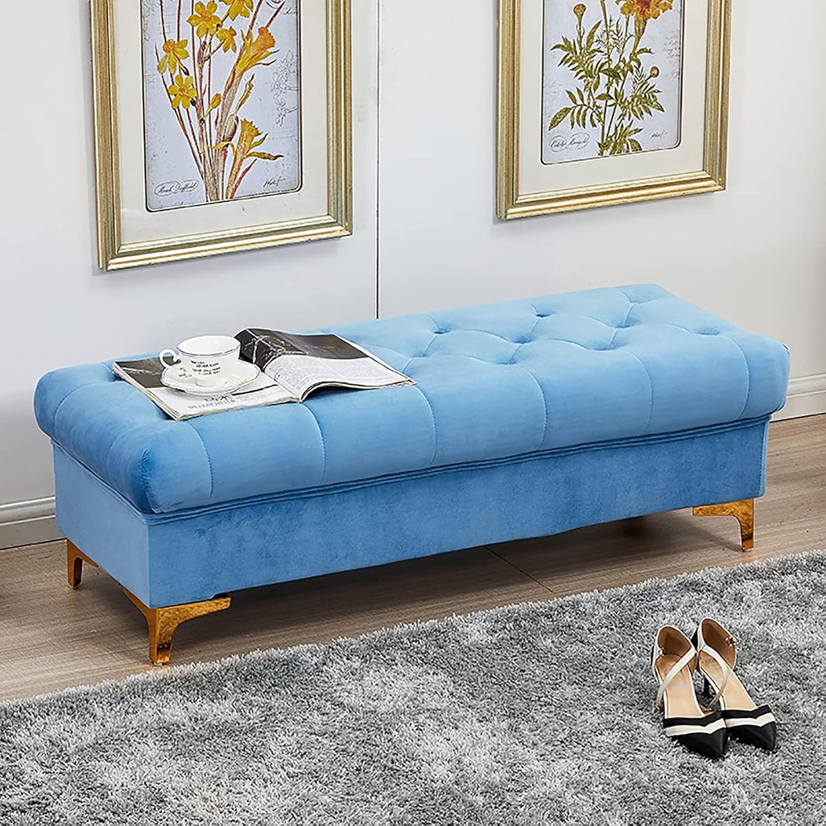 Opbergbank Fluweel - Voetenbank Ottomaan - Ruimte Besparen - Stevig Houten Frame - 80x45x40cm - Blauw