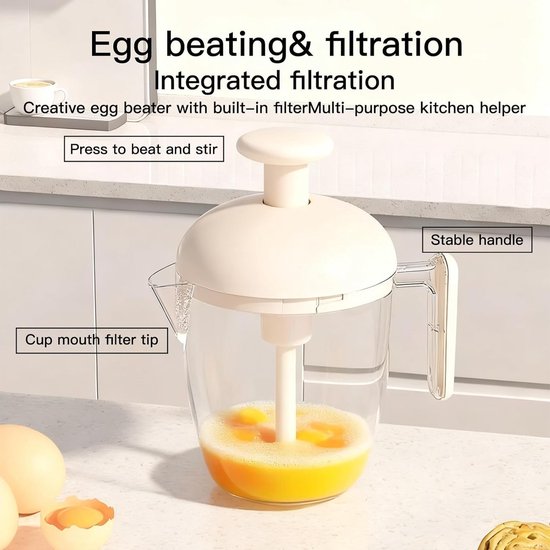 Handgarde - Manuele Handmixer - Semi-Automatische Handgarde Drukkend - Mechanische Slagroomklopper en Eierklopper Zonder Stroom - Handmatige Keukenmixer - voor Batter en Melkschuim — afbeelding 2