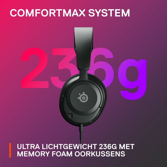 Zwarte SteelSeries Arctis Nova 1 headset, ultra lichtgewicht (236g) met memory foam oorkussens.