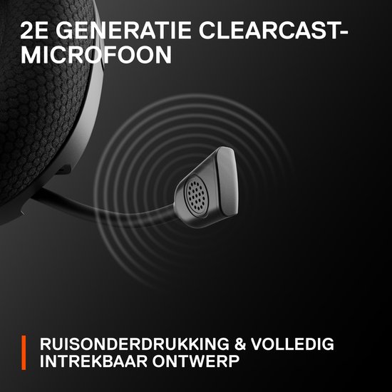 Close-up van de ClearCast microfoon van een gaming headset, die volledig kan worden ingetrokken. Met geluidsgolven die ruisonderdrukking aanduiden.