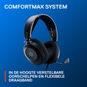 Zwarte gaming headset met verstelbare oorschelpen en een flexibele hoofdband met blauw patroon.