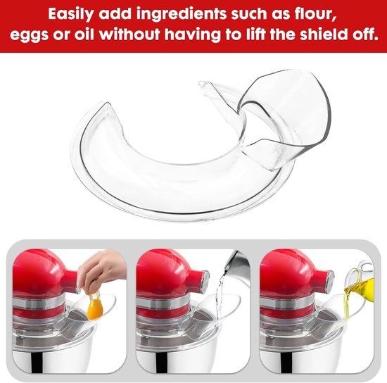 Schenkschild - Geschikt voor Keukenmixer 4.5-5 Quart - Transparante Spatkap - voor Kantelbare Kop Mixers - Duurzame Kunststof Spatbescherming - met Brede Vultrechter - Premium Mixer Accessoires voor RVS Kommen - Transparant — afbeelding 5