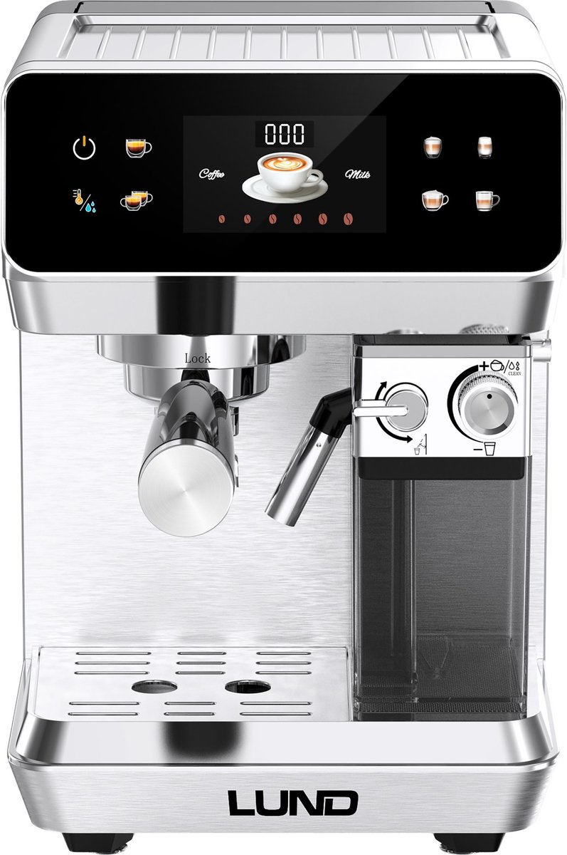 LUND 68503 Premium Pistonmachine – Espressomachine met Automatische Melkopschuimer – 20 Bar – Voor Gemalen Koffie & ESE Pads – 8 Programma's – RVS
