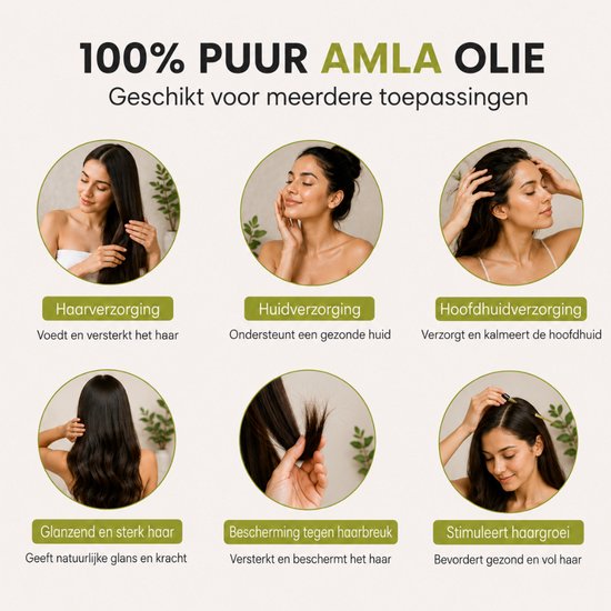 Collage van zes cirkelvormige afbeeldingen die de voordelen tonen van Amla Olie voor haar, huid en hoofdhuid. Tekst: '100% PUUR AMLA OLIE', 'Geschikt voor meerdere toepassingen'.