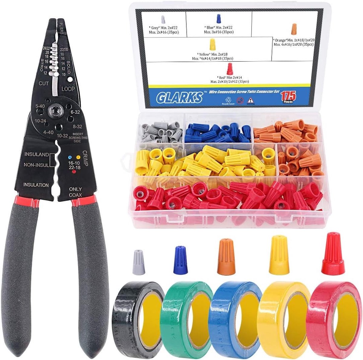 Multifunctionele Draadstripper, Crimper en Cutter met 175 Stuks Draadverbindingen en 5 Stuks Elektrische Tape Set voor 10-22 AWG Draad