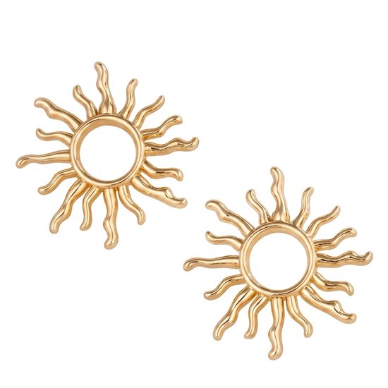 Goudkleurige oorbellen voor dames – oorstekers met zon design – ronde oorbellen met stralend motief