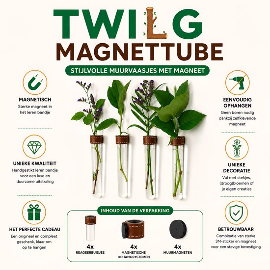 Productinformatie van TWILG Magnettube: magnetisch, unieke kwaliteit, perfect cadeau, eenvoudig ophangen, unieke decoratie en betrouwbaar.