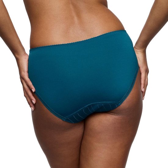 Achterkant van een peacock blauwe slip met verticale naden aan de achterkant.