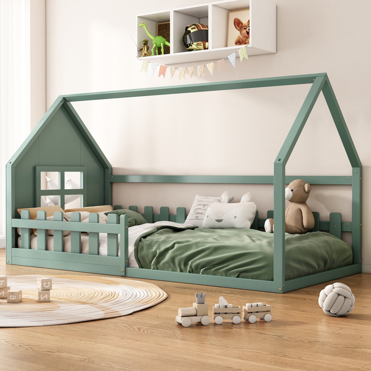 MEUNIQ kinderbed 90x200 cm in huisvorm, eenpersoons bedframe van hout en MDF met lattenbodem en zijhekje, voor kinderkamer, groen