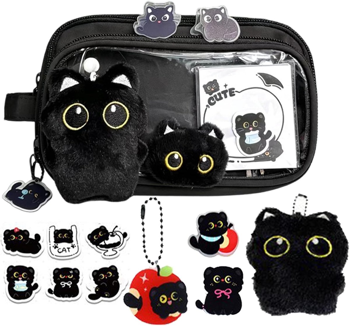 Etui met Kattenprint - Pennenetui Organizer - Schoolbenodigdheden Sorteren - Uitneembare Transparante Vakken - 22 x 13 x 5 cm