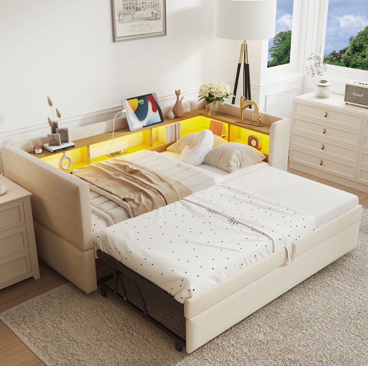 MEUNIQ Slaapbank 90/180x190 cm uitklapbaar bed met LED-verlichting, stopcontact en opbergvakken, gestoffeerd bedbank voor woonkamer of slaapkamer, beige