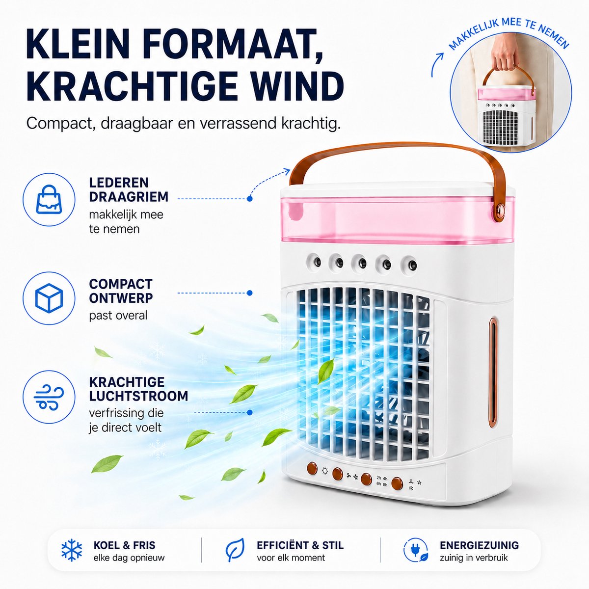 Mini Airco 4-in-1 – Draagbare Mobiele Luchtkoeler met Luchtbevochtiger – 5 Vernevelaars, 3 Nevelstanden, 2 Snelheden, Timer & LED – USB Bureauventilator Zonder Afvoerslang – Wit – foto 3