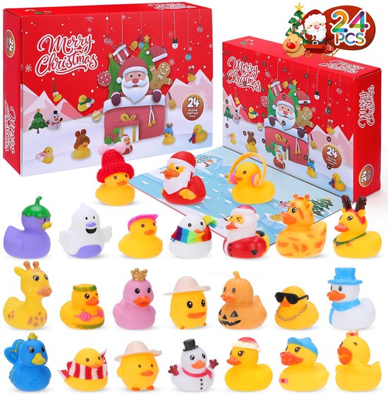 Kerstkalender 2026 - 24 dagen aftelkalender met 24 badeendjes - leuk speelgoed voor jongens - meisjes - kinderen en peuters - ideaal als kerstcadeautje of -bedankje.