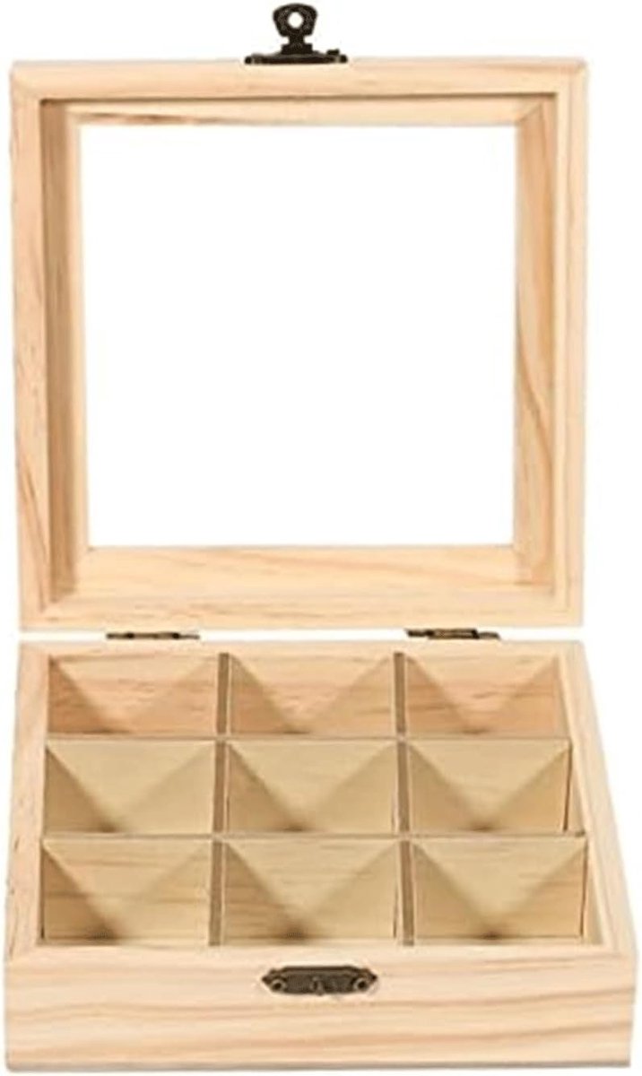 Sieradendoos Hout - Opbergdoos Sieraden - Sieraden Organiseren - 9 Vakken Transparant - 15 x 15 x 5 cm - Houtkleur