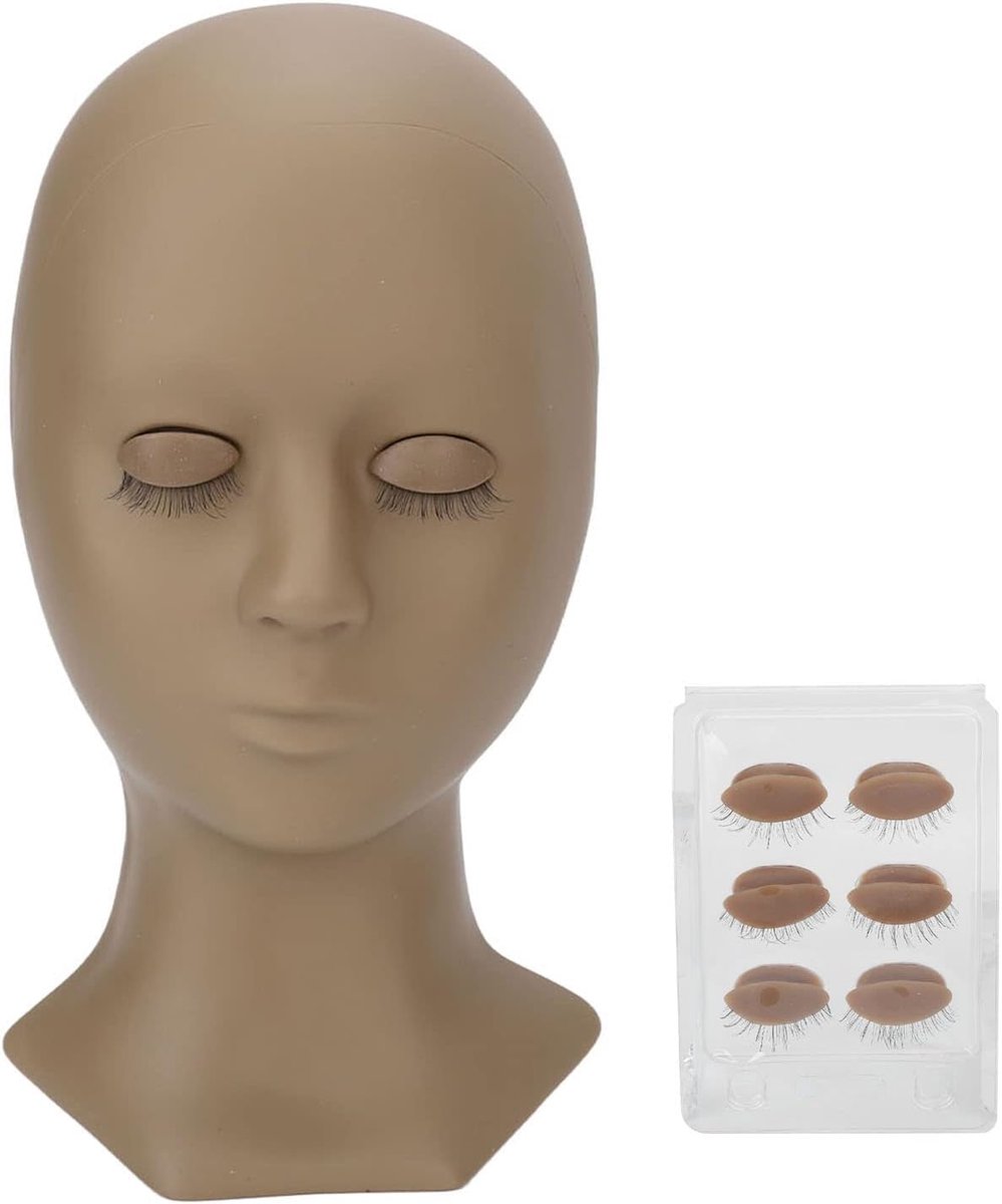 Oefenhoofd Siliconen - Wimper Trainingshoofd - Wimper Make-up Leren - 4 Paar Vervangbare Ogen - 1 Set - Koffie