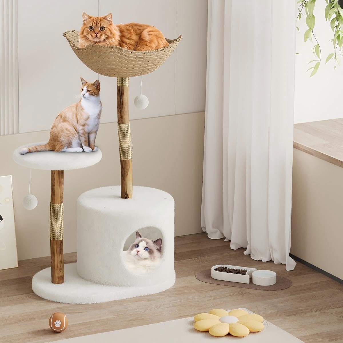Triumpunpre Kattenboom — 108 cm Hoog — Hout en Rotan Kattentoren met Hangmand en Zitplateaus