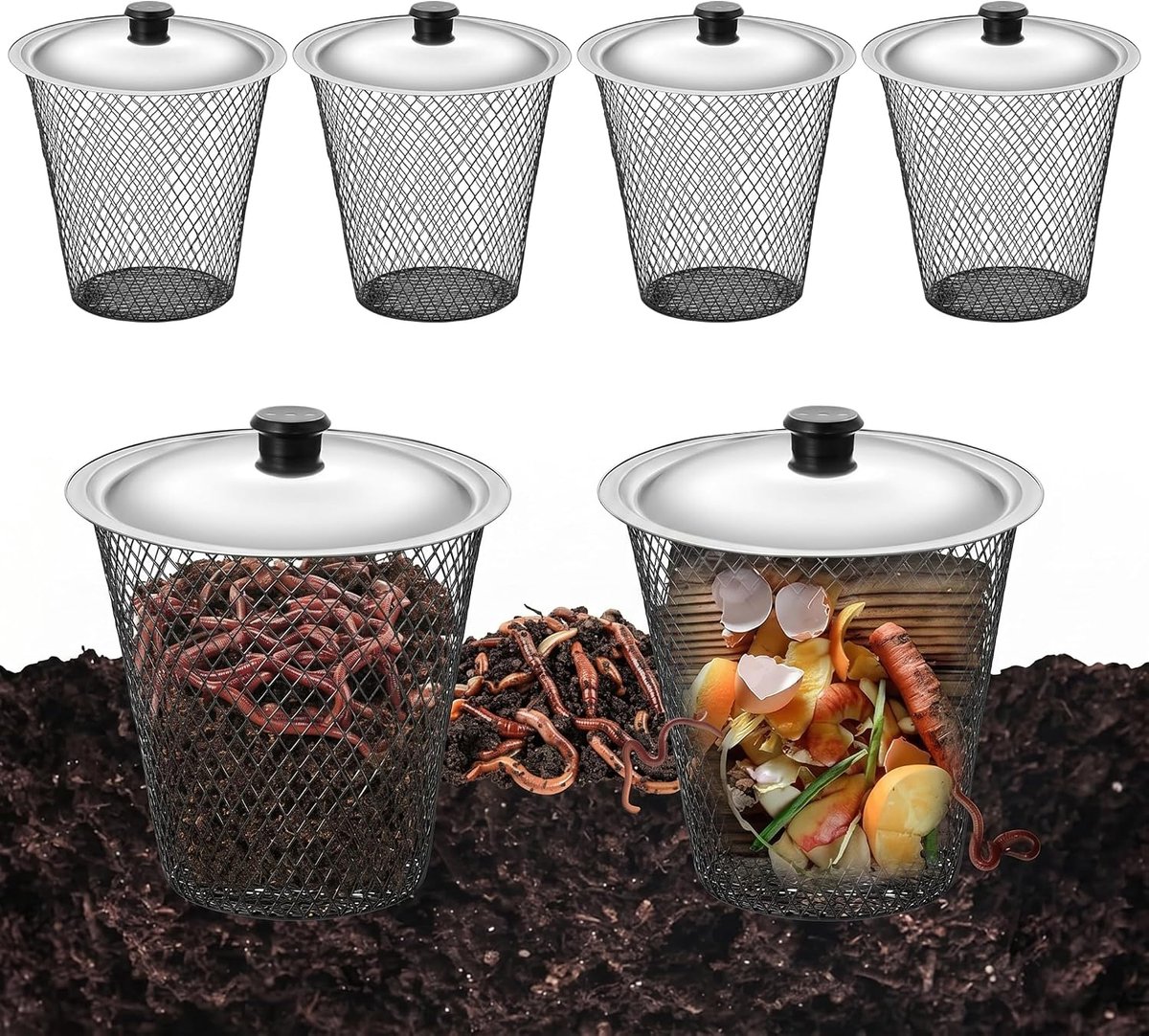 Wormencompostbak Set - Compostbakken Tuin - Keukenafval Verwerken - Mesh Ontwerp - 4 stuks - Metaal